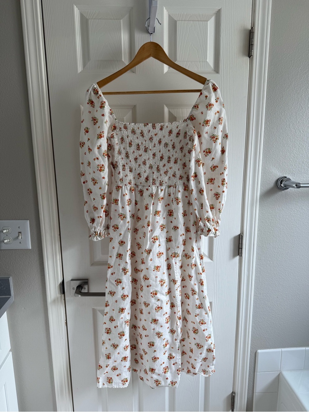 White Floral Smocked Midi Dress with Puff Sleeves (Reformation Gitane Dress)